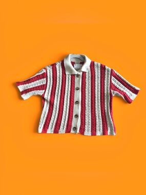 ASOS Red and Cream Striped Crochet Button-Up Cardigan